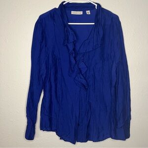 Coldwater Creek Deep Royal Blue Ruffle-Front Button Blouse Size XL